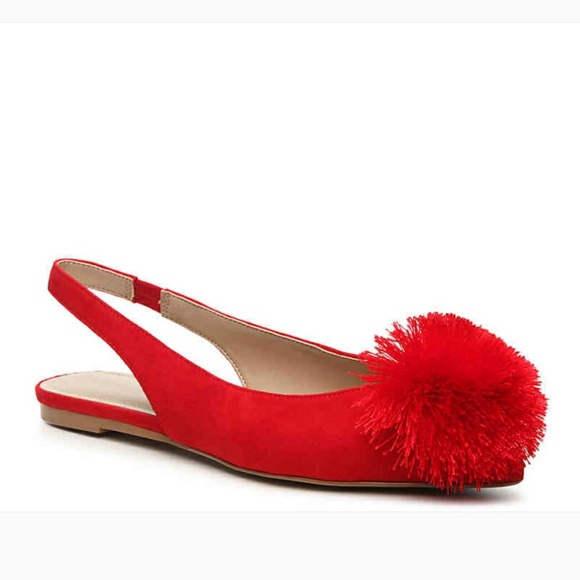 Red Suede Sling Back Pom Pom Flats - Picture 1 of 5
